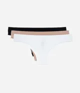 Pack de tres bombachas tipo bikini marca Lov, con textura acanalada, confeccionadas en poliamida y elastano. Incluye una prenda blanca, una beige y una negra.