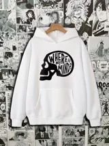 Canguro blanco con capucha y bolsillo delantero tipo canguro. Estampado frontal de calavera con la frase "Where is my mind?".