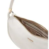 Cartera tipo hobo Guess modelo Danya, color blanco, con cierre superior, asa de hombro con textura y detalle de dije colgante con candado y logo de la marca.