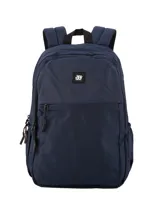 Mochila azul marino con dos compartimentos principales con cierre, bolsillo frontal con cierre, bolsillo oculto en la espalda, bolsillos laterales de red, correas laterales de compresión, elástico trasero para carry on y bolsillo interior para notebook.