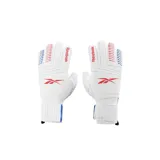 Guantes de arquero Reebok Royal 3i, de color blanco con detalles en rojo y azul. Presentan el logotipo de la marca impreso en el dorso y en el dedo índice, además de líneas decorativas en los dedos. Cuentan con muñequera elástica ajustable.