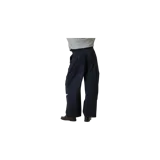 Pantalón sastrero azul marino de corte recto y holgado, con bolsillos laterales y estampa gráfica blanca en la pierna izquierda.