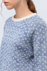 Sweater celeste con jacquard floreado en lurex y cuello redondo color crema. Tiene puños con una textura delicada y mangas raglán.
