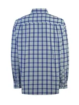 Camisa de manga larga RKF modelo Lighter, confeccionada en algodón orgánico con diseño de cuadros en tonos azules, blancos y verdes. Presenta cuello camisero, cierre frontal con botones, un bolsillo en el pecho con el logo bordado de la marca y puños abotonados.