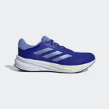 Championes de running Adidas Response, color azul vibrante con detalles en celeste y tres franjas plateadas. Cuentan con mediasuela de EVA blanca y una línea de acento amarillo neón, y suela de caucho negra.