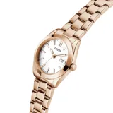 Reloj analógico Guess modelo Alice con caja de 32 mm, esfera blanca con ventana de fecha y malla de acero inoxidable en tono oro rosa.