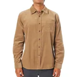 Camisa de pana color mostaza, de manga larga, con cuello clásico, cierre con botones y bolsillo en el pecho.