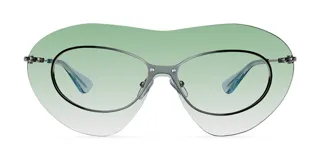 Lentes de sol tipo máscara Project 03 con montura metálica plateada y pantalla envolvente translúcida con degradado en tono verde.