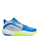 Championes de básquetbol Under Armour Lockdown 7, con diseño en tonos azul, gris y detalles en verde lima. Presentan parte superior de malla transpirable con superposiciones de cuero sintético, entresuela de EVA para una pisada ligera y suela de caucho con patrón de tracción en espiga.