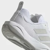 Championes de entrenamiento Adidas Rapidmove, color blanco con detalles en gris claro, diseñados para movimientos dinámicos y multidireccionales. Presentan una parte superior de punto transpirable, entresuela de EVA para soporte y un sistema de torsión asimétrico.