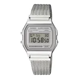 Reloj digital Casio modelo A158WEM-7DF con caja de 33mm y malla de acero inoxidable tipo milanesa. Presenta un diseño vintage con esfera gris, funciones de cronómetro, alarma y calendario automático.