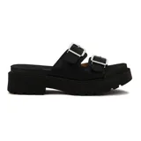 Sandalia Vizzano de mujer con plataforma y suela flatform negra estilo chunky, capellada de tiras dobles en color blanco con hebillas metálicas plateadas ajustables.
