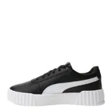 Championes Puma modelo Carina 3.0, de estilo urbano inspirado en el tenis de los años 80. Presentan un diseño en color negro con la icónica franja lateral en blanco y detalles de la marca en dorado. Cuentan con una suela de plataforma estriada en color blanco y plantilla SOFTFOAM+ para mayor amortiguación.