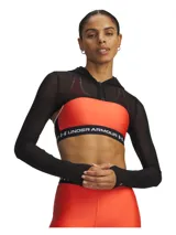 Buzo tipo bolero de malla negra, con diseño ultracorto, cierre frontal y mangas largas con orificios para los pulgares. Confeccionado en tejido transpirable y elástico.