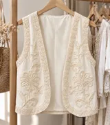 Chaleco beige con diseño bordado en hilo blanco con motivos florales y geométricos.