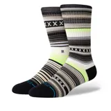 Medias Stance con diseño a rayas horizontales en tonos blanco, negro, gris y verde neón. Caña alta con puño acanalado y puntera y talón reforzados en color negro.