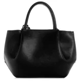Bolso de mano tipo satchel Guess Amorette, color negro con textura granulada. Presenta asas superiores y una correa ajustable y removible para llevar al hombro o cruzado. Incluye dos dijes colgantes decorativos con el logo de la marca.