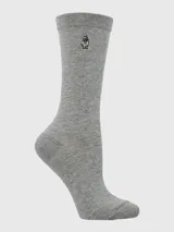 Calcetín de largo medio en color gris melange, con puño suave y bordado pequeño del logo de la marca en la parte superior.
