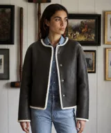 Campera gamulán reversible de cuero color marrón oscuro con corderito sintético blanco en los bordes y cierre frontal de broches a presión dorados.