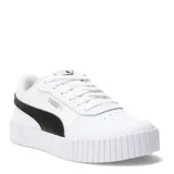 Championes urbanos Puma modelo Carina 2.0, color negro con la icónica franja lateral en blanco. Presentan una suela de plataforma de goma blanca con diseño texturizado y cierre mediante cordones.