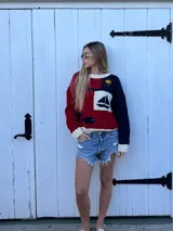 Sweater tejido a mano en lana merino 100% natural, con diseño inspirado en la obra de Joaquín Torres García, con bloques de color rojo, azul y blanco, y motivos náuticos como un barco, un pez y un sol. Tiene cuello redondo y puños acanalados.