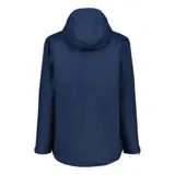 Campera impermeable Merrell modelo Fallon, color azul marino, con capucha ajustable, cierre frontal con solapa, bolsillos laterales con cierre y puños ajustables con velcro.