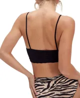Bralette largo negro de diseño sin costuras (seamless) con textura tejida y escote en V con borde festoneado. Posee delgados tirantes ajustables.