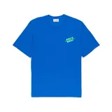 Camiseta azul con cuello redondo y estampado con la palabra GOLF en verde y blanco.