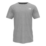 Remera de manga corta New Balance modelo Tenacity, color gris jaspeado, con cuello redondo y logo de la marca estampado en el pecho. Confeccionada con tecnología NB DRY de secado rápido.