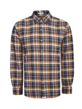 Camisa de manga larga de franela de algodón orgánico con estampado a cuadros en tonos azul marino, mostaza, blanco y marrón. Presenta cuello clásico, cierre frontal con botones de madera y dos bolsillos en el pecho.