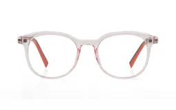 Anteojos de receta con armazón de acetato transparente en tono rosado, con patillas que combinan el exterior transparente con un interior en color rojo.