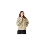 Campera beige con patrón a cuadros finos oscuros, cuello camisero, cierre frontal de cremallera bidireccional y bolsillos frontales con solapa y botón. Cuenta con bordado de la marca en el pecho.