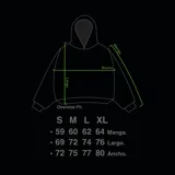 Hoodie oversize negro con capucha y bolsillo canguro frontal. Estampado frontal en rojo que simula un logo estilizado junto a dos signos de exclamación.