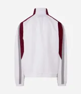 Campera deportiva de microfibra de poliamida blanca, con cuello alto, mangas largas, cierre frontal y bolsillos. Presenta paneles laterales en bordó y gris, y detalles de estampado con inscripciones alusivas al automovilismo.