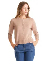 Cardigan de tejido fino con abotonadura frontal, cuello redondo y mangas tres cuartos con puños acanalados.