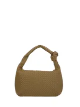 Cartera hobo Hush Puppies de color verde, con diseño trenzado y detalle de nudo en el asa. Cuenta con cierre superior y placa metálica con el logo de la marca.