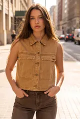 Chaleco de denim color camel con efecto lavado, cuello camisero, cierre frontal con botones metálicos y dos bolsillos frontales con solapa.