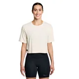 Remera Saucony de dama, modelo Recovery. Color crema con logo circular estampado en el pecho. Corte crop y cuello redondo.