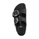 Sandalias Birkenstock Arizona Big Buckle de cuero aceitado color negro, con dos correas ajustables y hebillas grandes plateadas.