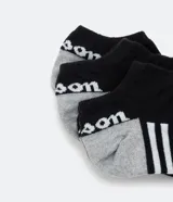 Kit de tres pares de medias invisibles blancas con talón y puntera en gris, con logo de Wilson en el tobillo y rayas horizontales en el empeine.