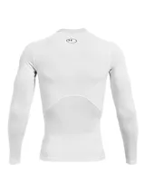 Remera blanca de manga larga Under Armour HeatGear Armour, ajustada al cuerpo, con logo en el pecho y tecnología HeatGear para mantenerte fresco y seco.