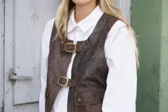 Chaleco de cuero gamuzado color marrón, con cierre frontal mediante dos hebillas metálicas y dos bolsillos frontales con solapa.