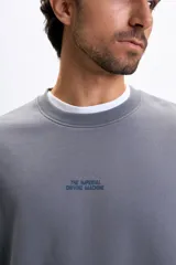 Buzo de cuello redondo y corte oversize, color violeta grisáceo, con estampa gráfica en la espalda que incluye un automóvil y el texto 'The Imperial Driving Machine'.