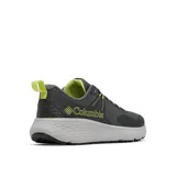 Championes de senderismo Columbia modelo Konos Trs, color gris oscuro con detalles en verde lima. Presentan empeine de malla técnica con sobrecapas sin costuras, sistema Navic Fit para ajuste en el mediopié, mediasuela Techlite+ para soporte y amortiguación, y suela Adapt Trax para tracción en diversas superficies.