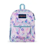 Mochila Jansport modelo Cross Town con estampado floral en tonos rosados, celestes y morados. Cuenta con un compartimento principal amplio, un bolsillo frontal con cierre y organizador interno, bolsillo lateral de red para botella, panel trasero acolchado y correas ajustables. Incorpora la etiqueta clásica de la marca en el frente.
