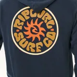 Canguro con capucha y cordones ajustables, color azul marino. Presenta un bolsillo frontal tipo canguro y un pequeño logo estampado en el pecho con diseño circular en tonos naranja y amarillo.