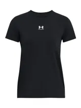 Remera deportiva Under Armour Campus Core SS de mujer, color negro, con cuello redondo acanalado y el logo de la marca estampado en blanco en el centro del pecho.