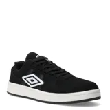 Championes urbanos Umbro modelo Block, color negro con detalles en blanco. Presentan el logo de la marca en el lateral y una suela de goma blanca con base negra.