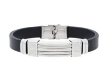 Pulsera de goma negra con apliques de acero plateado con diseño de guarda griega y cierre de hebilla.