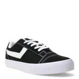 Championes urbanos Pony de lona color negro, con diseño clásico de caña baja, detalle de logo lateral en blanco y suela de goma blanca con textura.